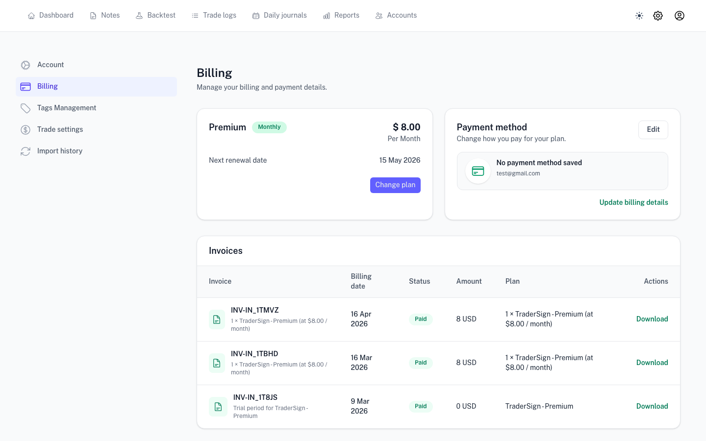 Billing page with subscription summary card