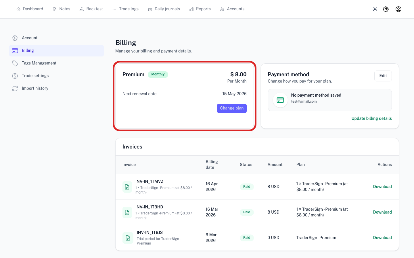 Billing page showing current plan and limits