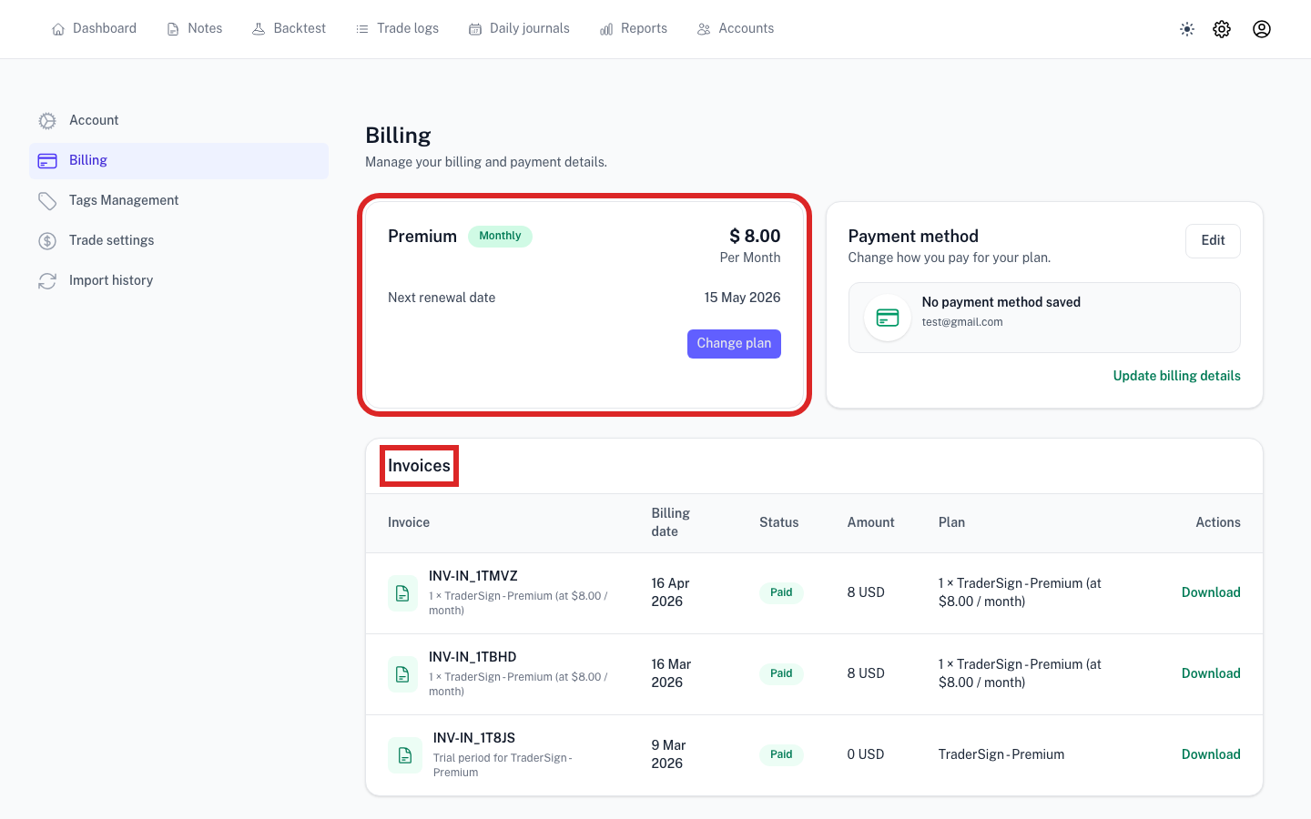 Billing page showing invoices table