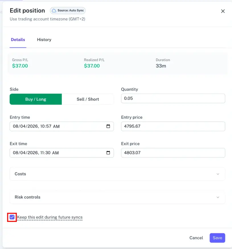 Execution edit modal showing the keep changes checkbox