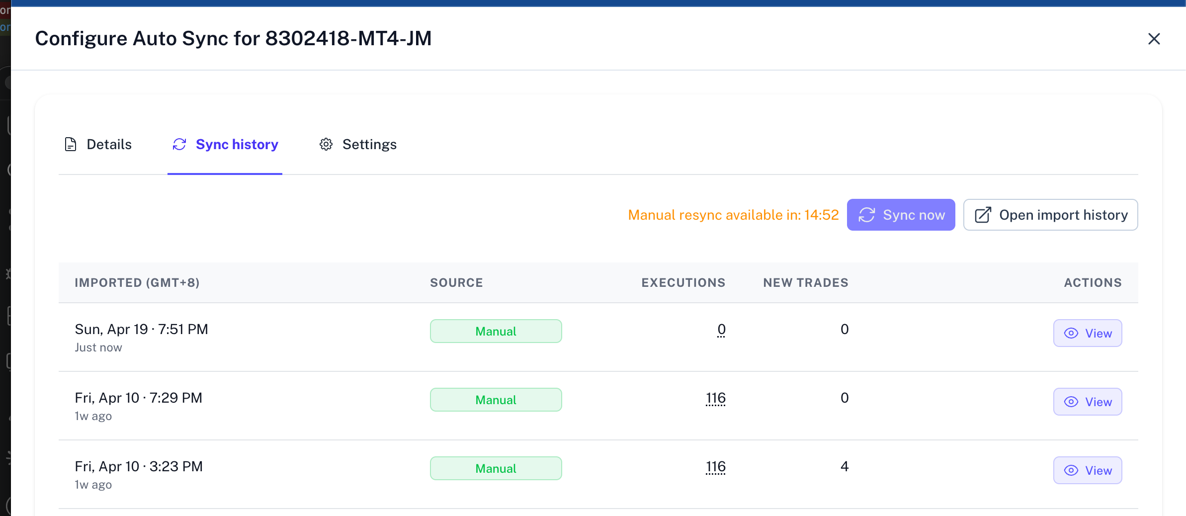 Sync History showing countdown timer