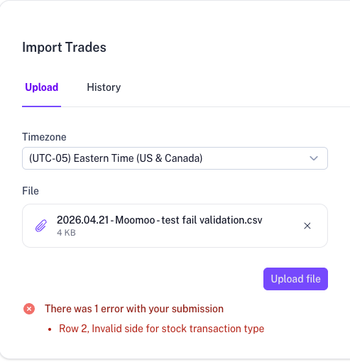 Upload modal showing a real-time validation error