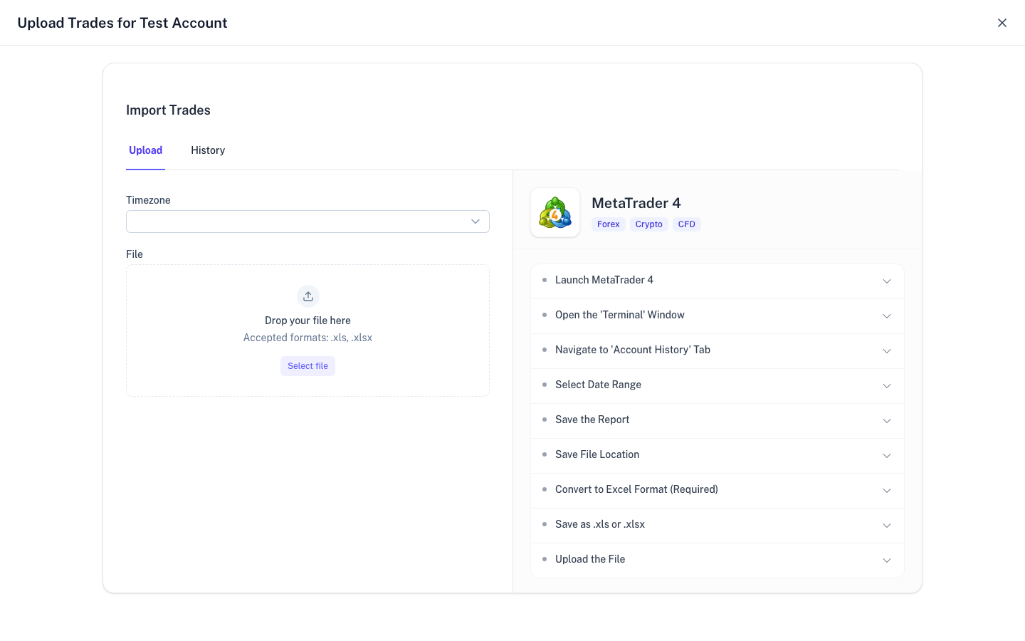 Account menu showing Upload trades file