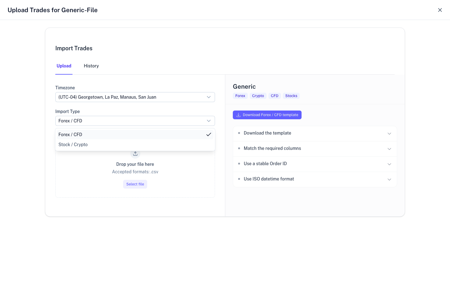 Upload panel and import summary