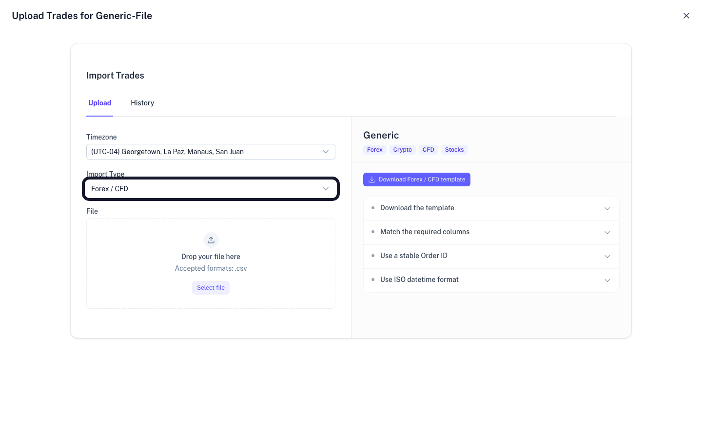 Upload form with timezone selector