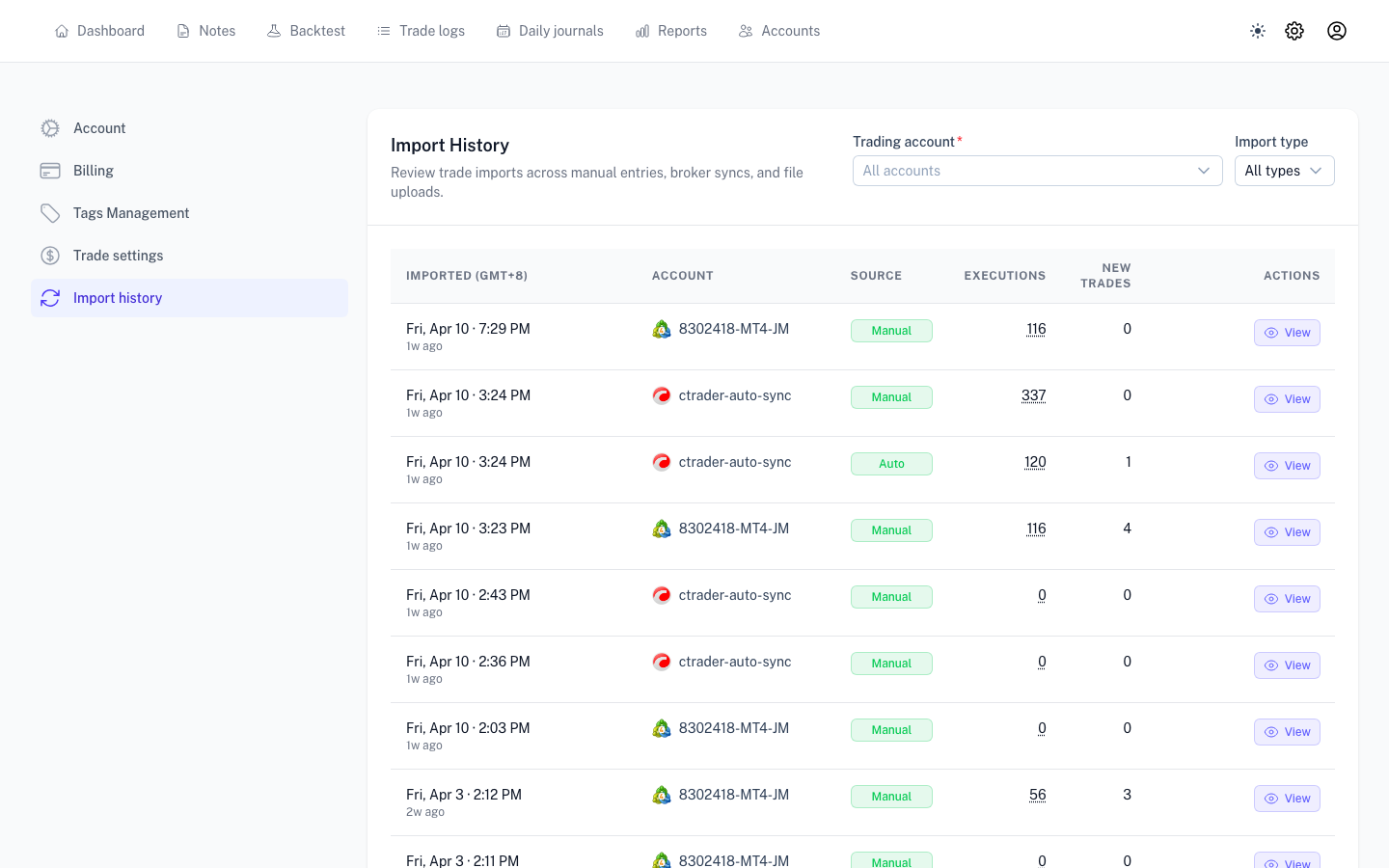 Import History table