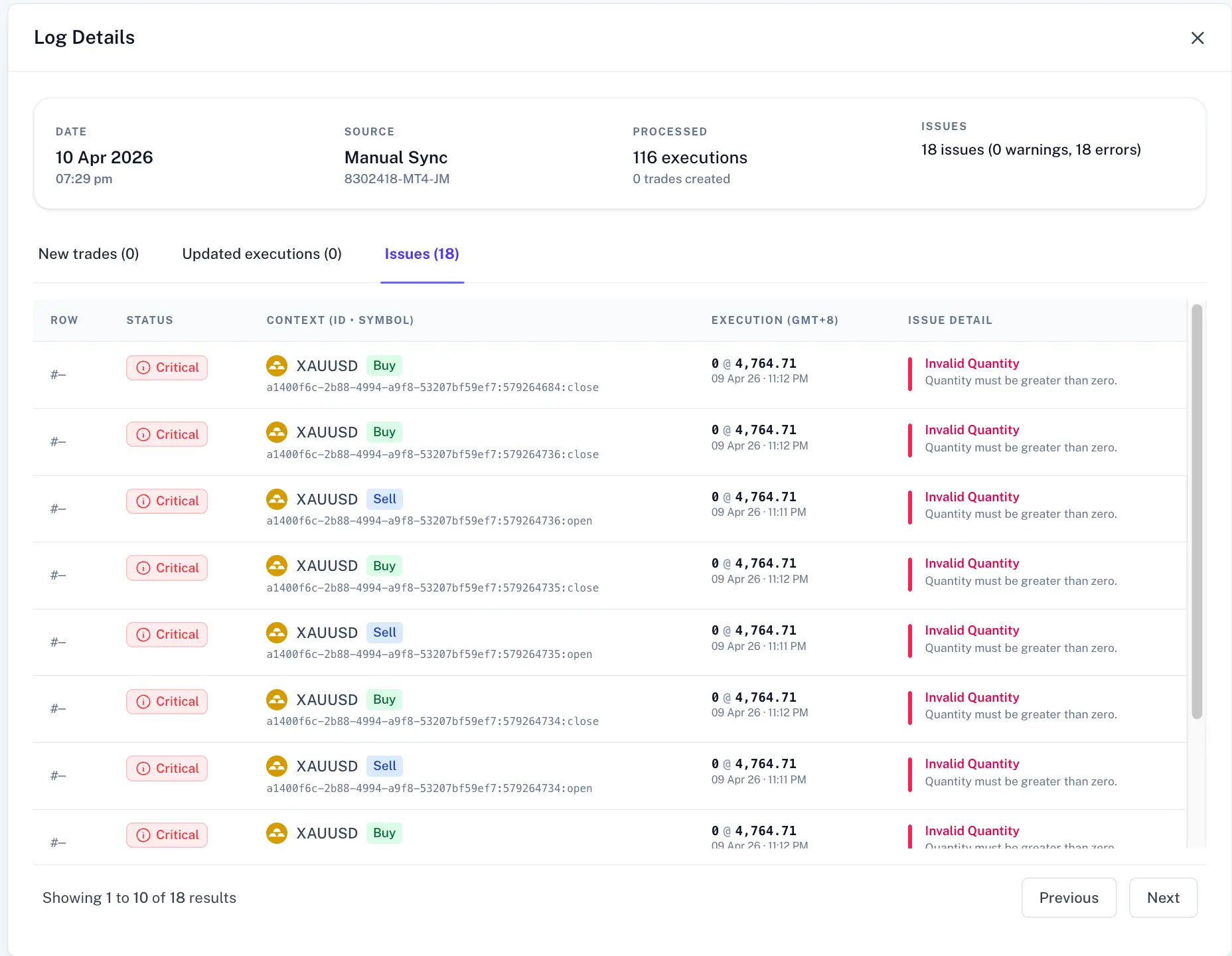 Import log issues tab