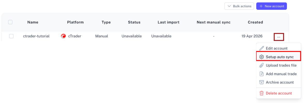 Account menu showing Setup auto sync
