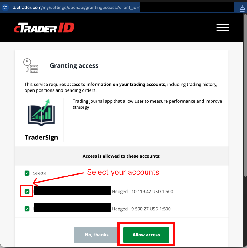 cTrader authorization window showing account selection