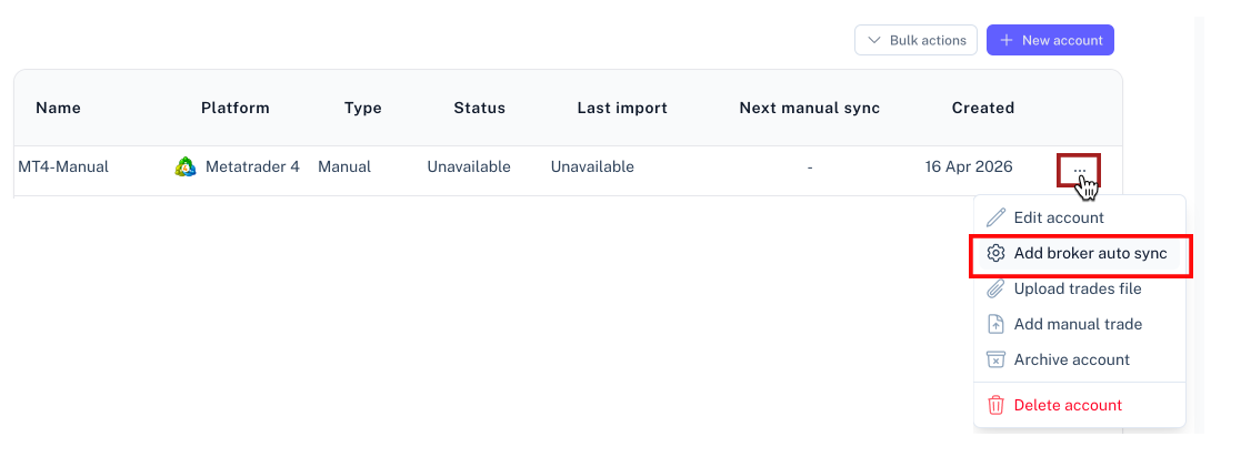 Account row menu showing Add broker auto sync