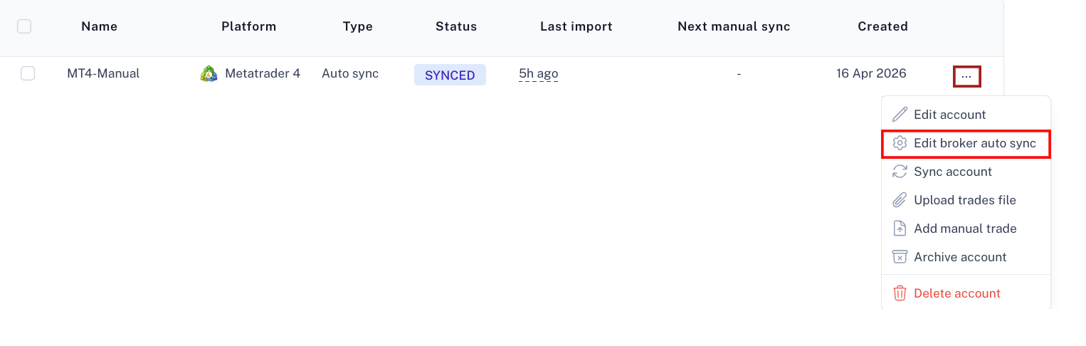 MetaTrader account row showing edit broker auto sync