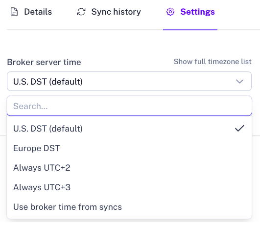 MetaTrader account row showing edit broker auto sync