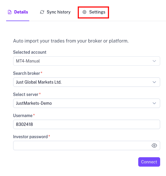 MetaTrader account row showing edit broker auto sync