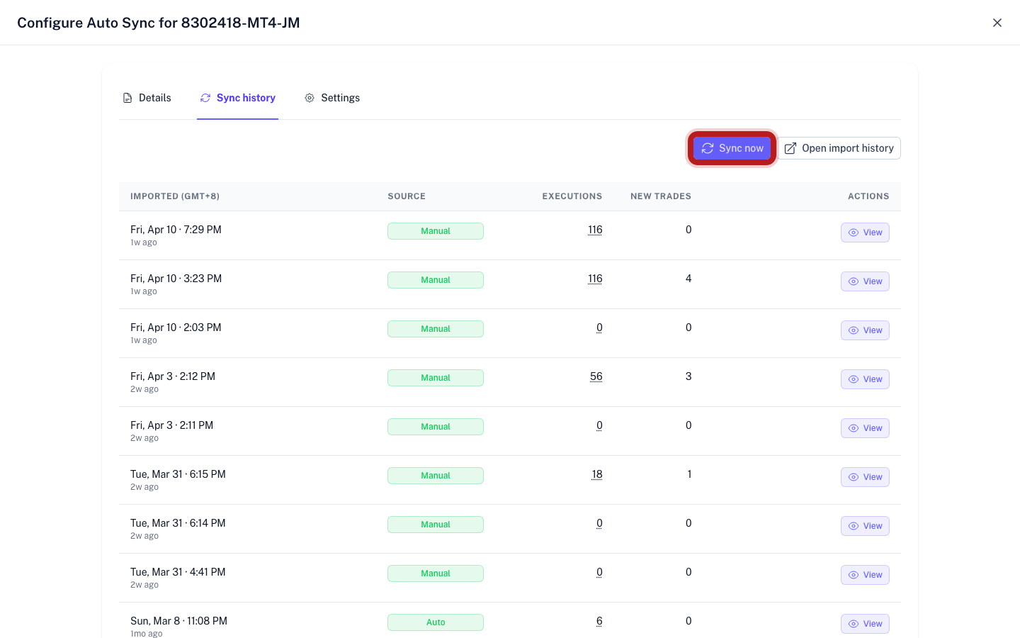 Sync History panel showing Sync Now button